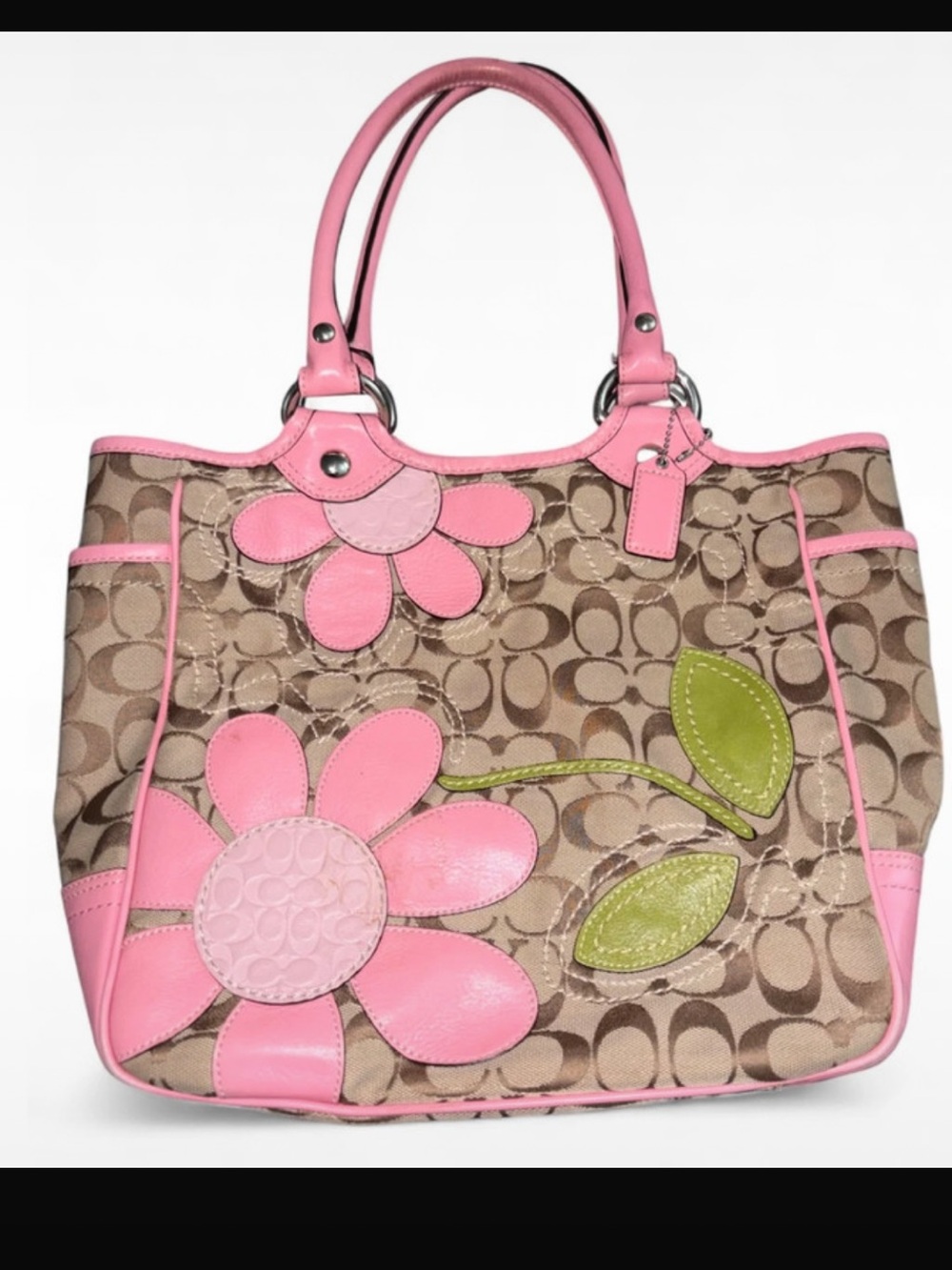 Y2K Coach Pink Floral Appliqué Signature Tote with Green Leaf Accents